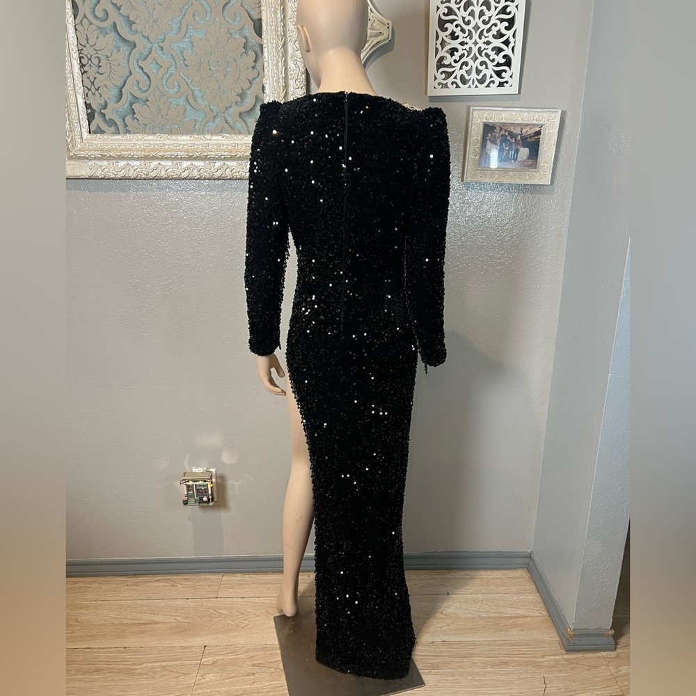 Black Sequin Deep V-Neck cowl neckline Long Sleeve Evening Gown - Picture 11 of 14